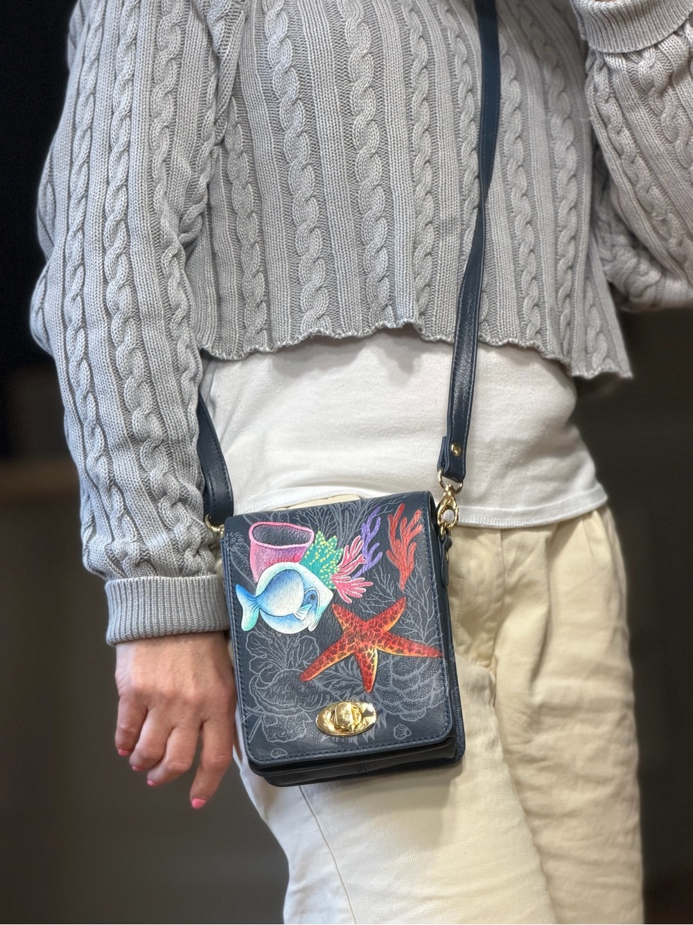 Anuschka RARE Whimsical Ocean Magic Hand-Painted Leather Crossbody EUC